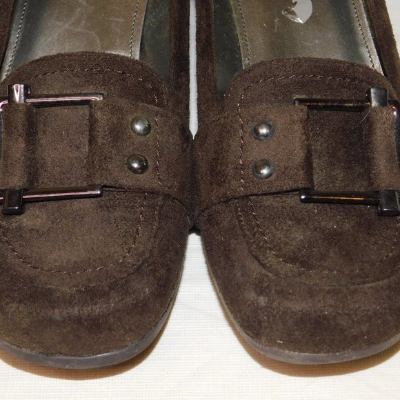 Marc Fisher Women Marc Fisher Women\'s Atlas2 Wedge Loafers, Brown Faux Suede Size 8.5 Buckle